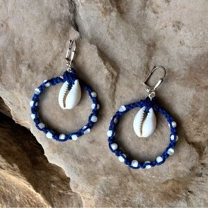 Cowrie shell hoop earrings,dangle shell earrings,beach hooped earrings,deep blue